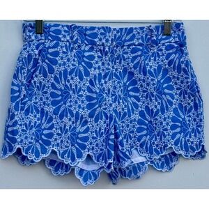 Loft The Riviera Short Blue White Floral Eyelet Scalloped Hem Petite 00P NWT